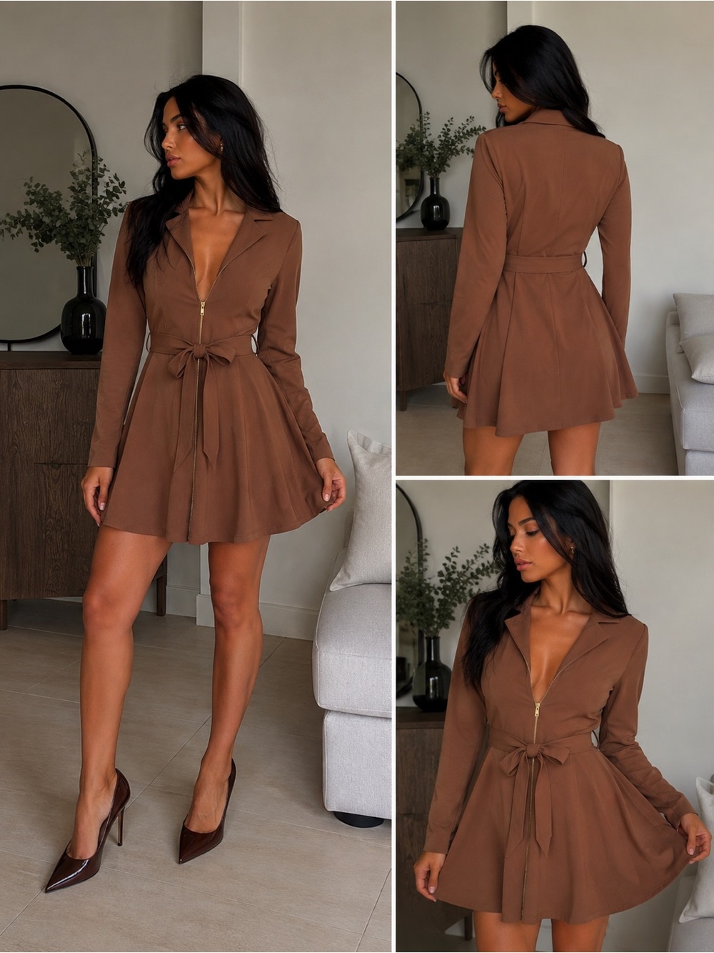 Love Brown Zip-Front Tie-Waist Mini Dress